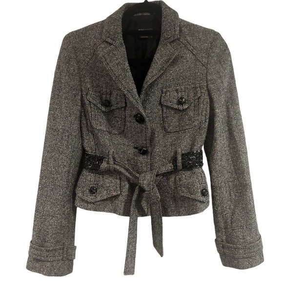 BCBG Herringbone Black/Cream Crop Jacket w/Sequined Belt Size Small - Vi… - Picture 1 of 14